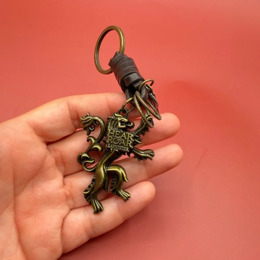 Lannister Lion Keychain Bronze Tone Leather Charm Game of Thrones Style Gift